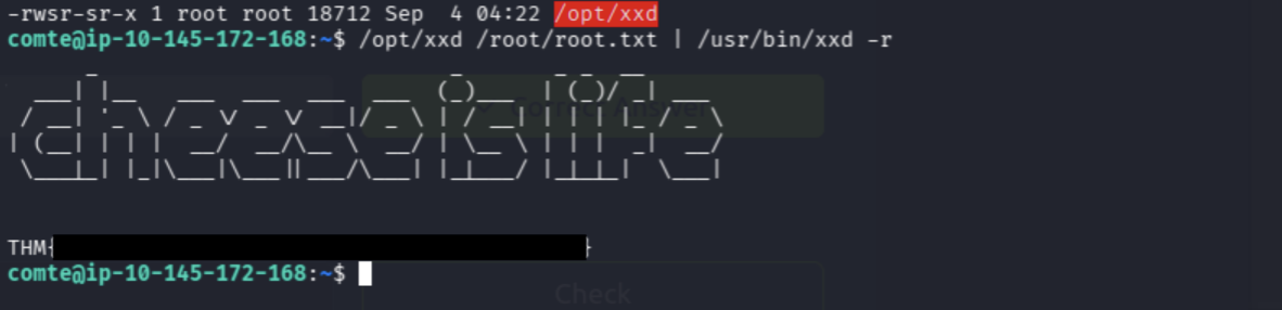 Root flag recovered through the SUID xxd copy with the flag redacted